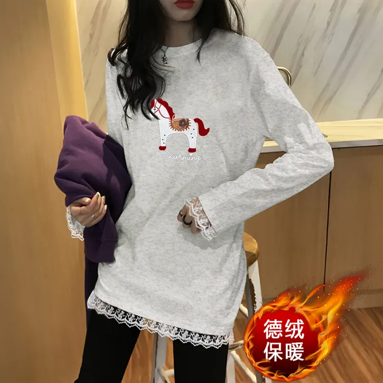 秋冬德绒内搭蕾丝拼接T恤女春秋季时尚中长款遮臀打底衫长袖上衣