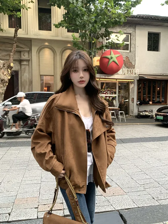 美拉德复古咖色机车服外套女2025秋季新款工装皮夹克上衣外套