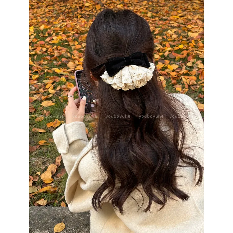 糖霜蕾丝~秋冬丝绒蝴蝶结发夹女气质低马尾弹簧夹抓夹半扎发发饰