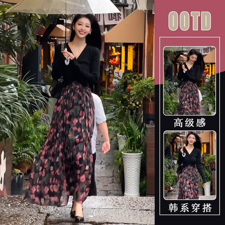 温柔风优雅气质女2025秋季新款气质V领长袖上衣印花半身裙两件套