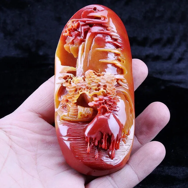 手把件玉石男士原石鸡血石色红迎客松山水风景流水仿寿山石把件
