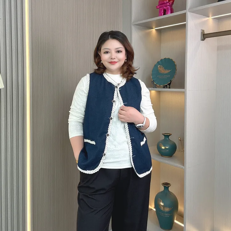 复古小香牛仔无袖外套大码女装200斤胖mm设计感别致花边坎肩马甲