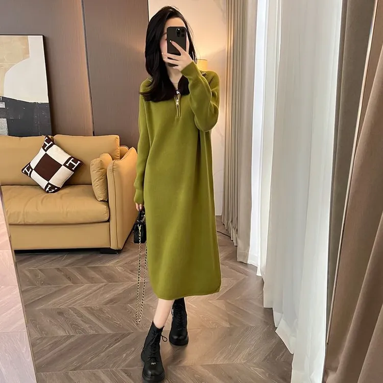 春季新款拉链polo领长袖针织宽松连衣裙女时尚百搭减龄韩版A字裙