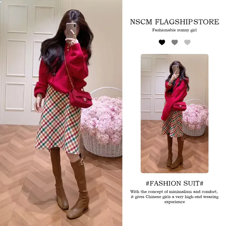 NSCM秋季新款时尚洋气百搭女装圣诞新年红长袖毛衣复古格纹半身裙
