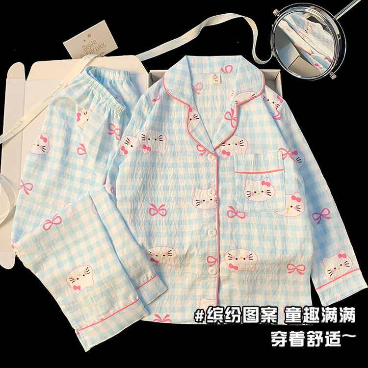 【KT猫蝴蝶结】春秋新款儿童睡衣女中大童长袖薄款可外穿家居服套装