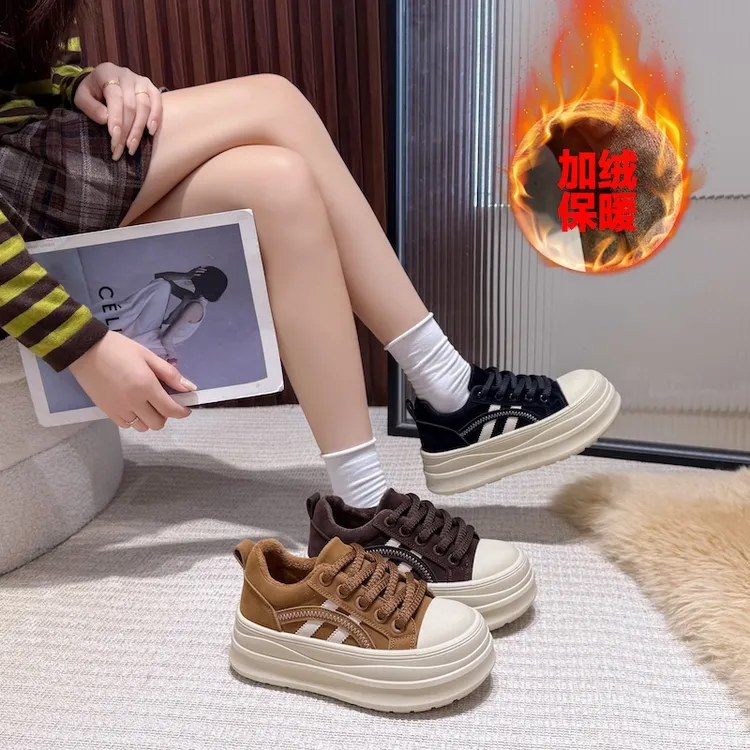 真皮加绒厚底板鞋女款秋冬四季款新款百搭休闲板鞋女L17-1