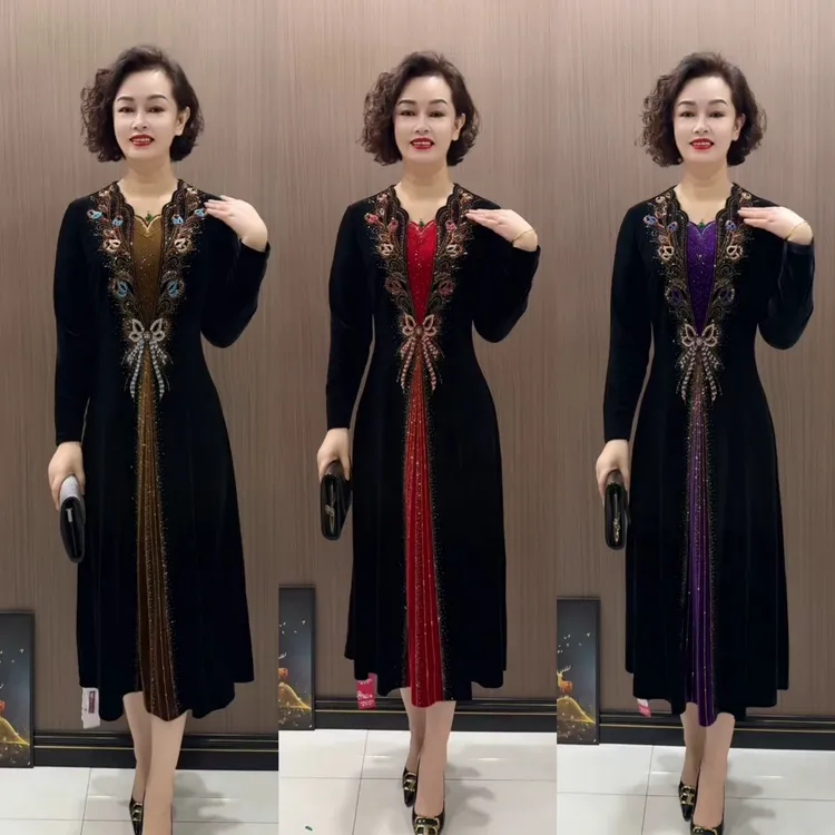 (礼服烫钻款）丝绒气质假两件连衣裙收腰显瘦遮肉洋气年轻妈妈长裙