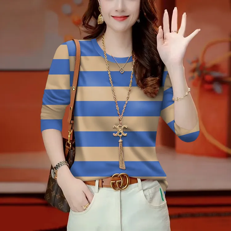 好品捡漏~春秋款条纹长袖t恤女大码宽松遮肚显瘦圆领打底上衣时尚