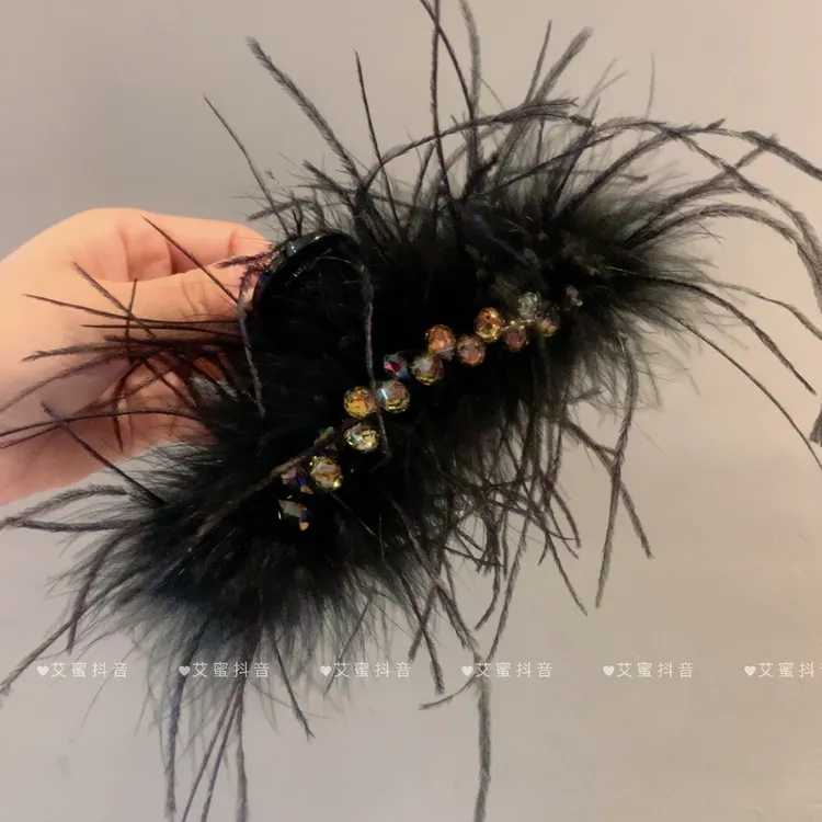 高级感手工串珠13cm羽毛抓夹新款后脑勺盘发夹显发量发饰