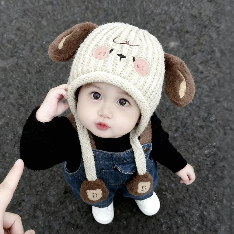 宝宝帽子冬季可爱超萌小狗儿童毛线帽秋冬加厚男孩女童防风护耳帽