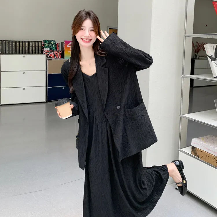 黑色慵懒风简约西装外套连衣裙套装女2025新款初秋高级感两件套装