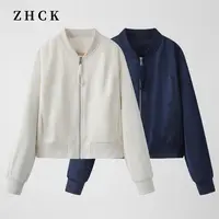 ZHCK时尚百搭圆领缎面拉链外套2025新款纯色高奢质感外套女