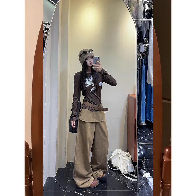 设计感搭片拼接工装裤子女秋季新款美式辣妹复古棕色假两件拖地裤