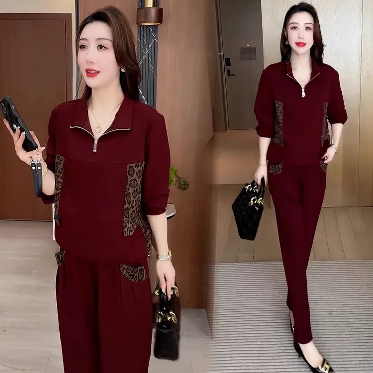 时尚休闲套装女2025春季新款洋气显瘦豹纹拼接上衣阔腿裤两件套潮