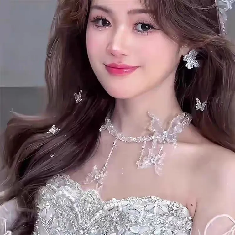 透明蝴蝶婚纱项链高级串珠白纱晚礼服配饰小众独特新娘吊坠颈链