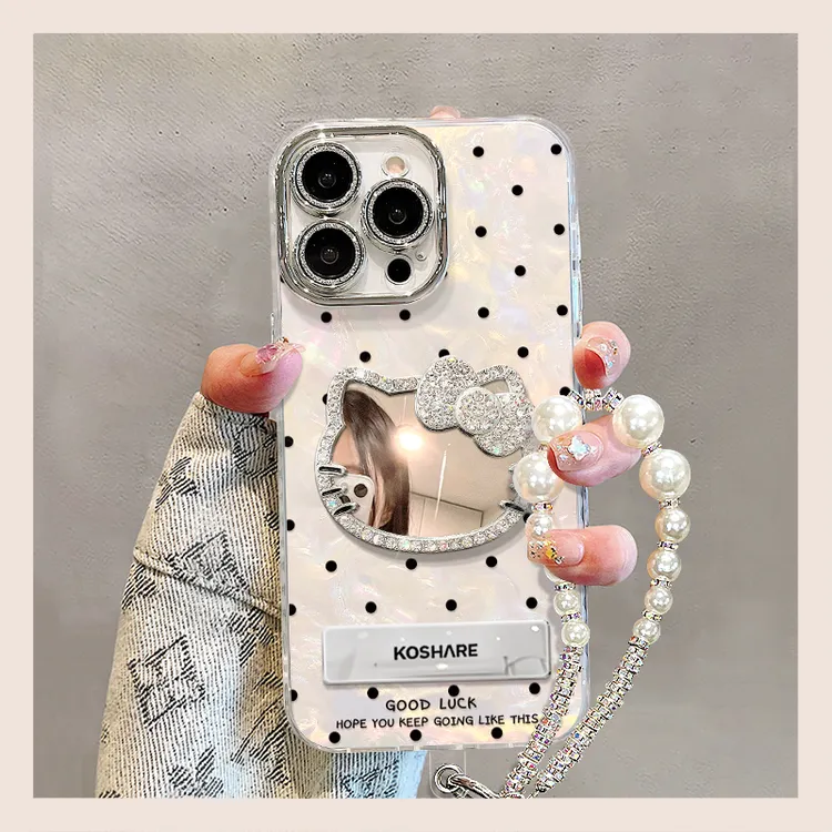 kt猫镜子适用苹果15华为vivo/oppo小米iPhone16精孔贝壳纹手机壳