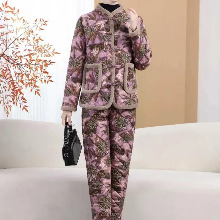 新款妈妈装时尚盘扣国风立领花色加绒加厚棉衣套装