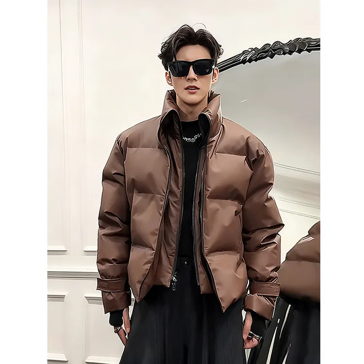 美拉德立领贯穿拉链假两件棉服男冬季加厚保暖面包服美式短款棉衣