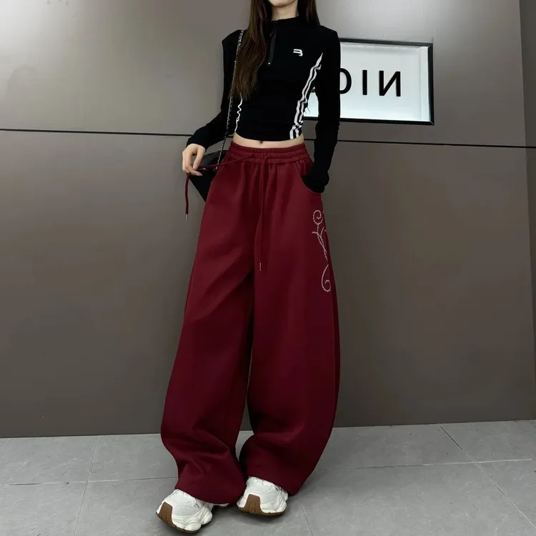 美式街头爵士舞运动裤女秋冬季新款重工刺绣宽松大板型两穿休闲裤