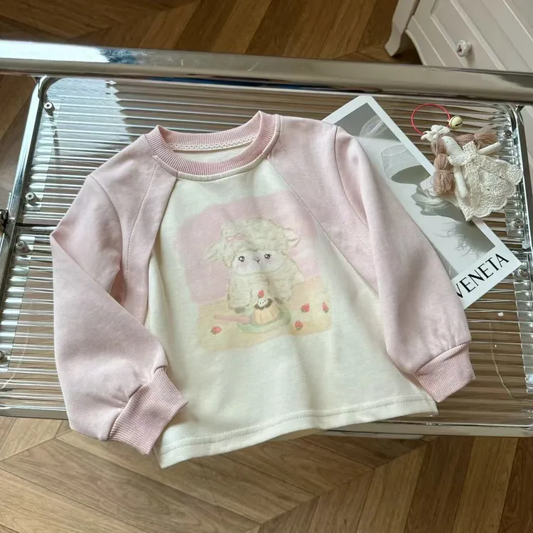 鹿小冉女童秋款可爱卡通拼色卫衣韩版秋装6009