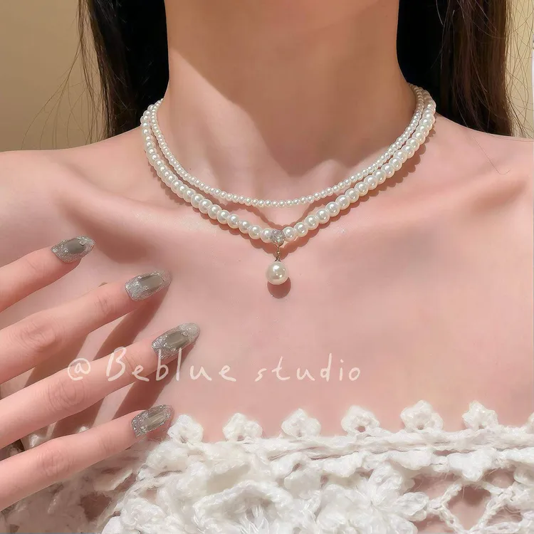 合金项链 月汐凝脂~法式复古珍珠双层项链女高级感轻奢小众choker