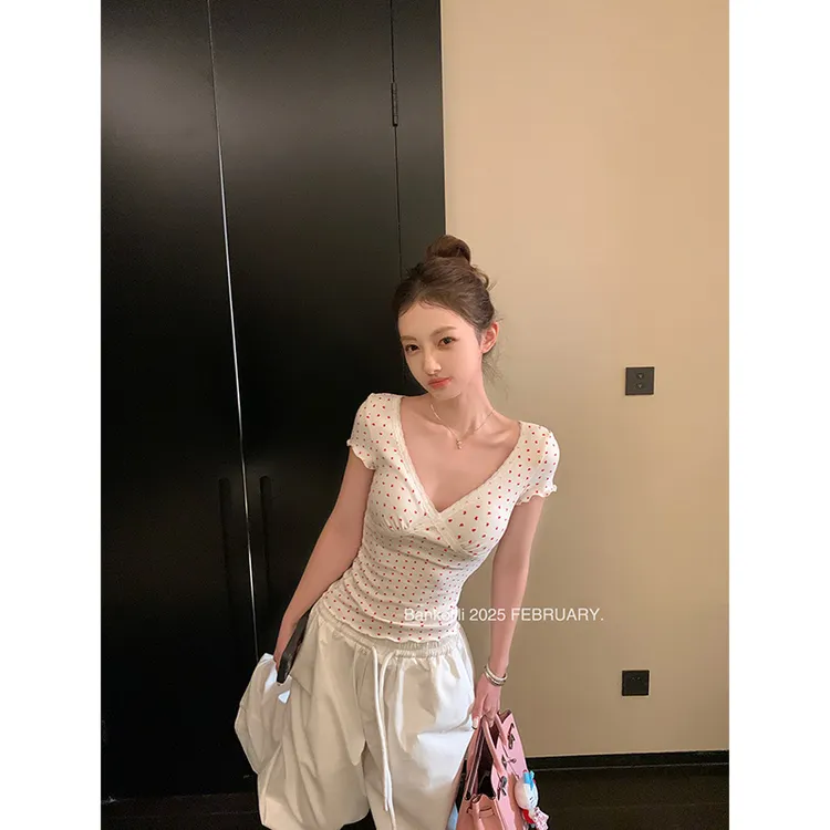 古早小野豹 夏季碎花显瘦设计感辣妹性感蕾丝低V领豹纹T恤内搭女