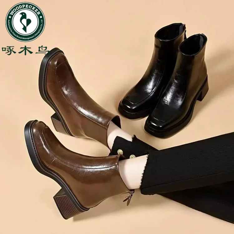 啄木鸟2025新款秋冬短靴女粗跟皮鞋春秋英伦风踝靴加绒切尔西靴