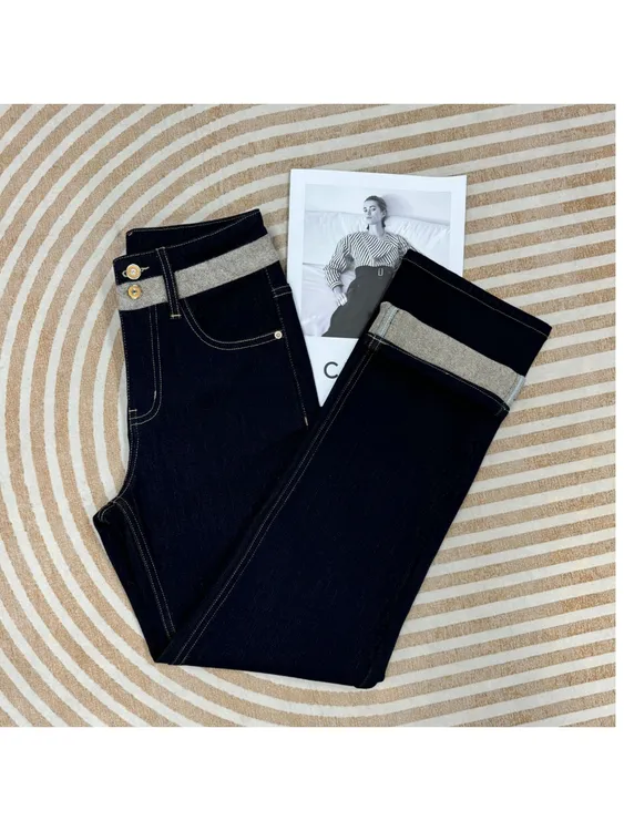 2025秋冬新款加绒丹宁高腰窄版直筒牛仔裤弹力时尚百搭显瘦阔腿裤