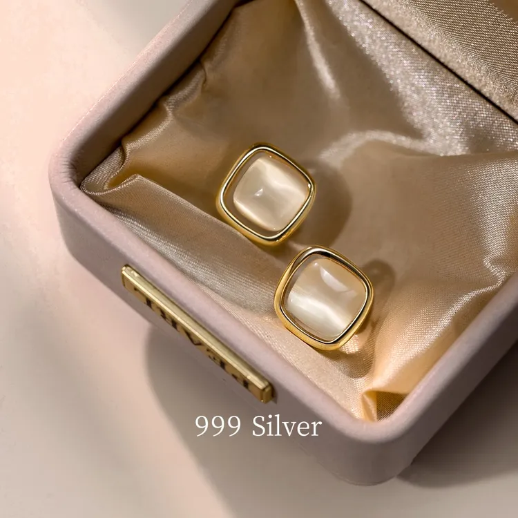 足银耳饰 999银针方形耳钉轻奢气质时尚个性设计感耳环女ins小众