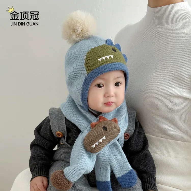 婴儿帽子秋冬季男宝宝可爱针织帽婴幼儿冬季毛线帽外出护耳帽围巾