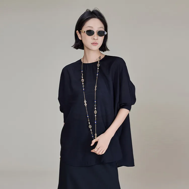 A美洋MEIYANG 炊烟雪纺衫 仿真丝微透横纹肌理圆领宽松长袖上衣