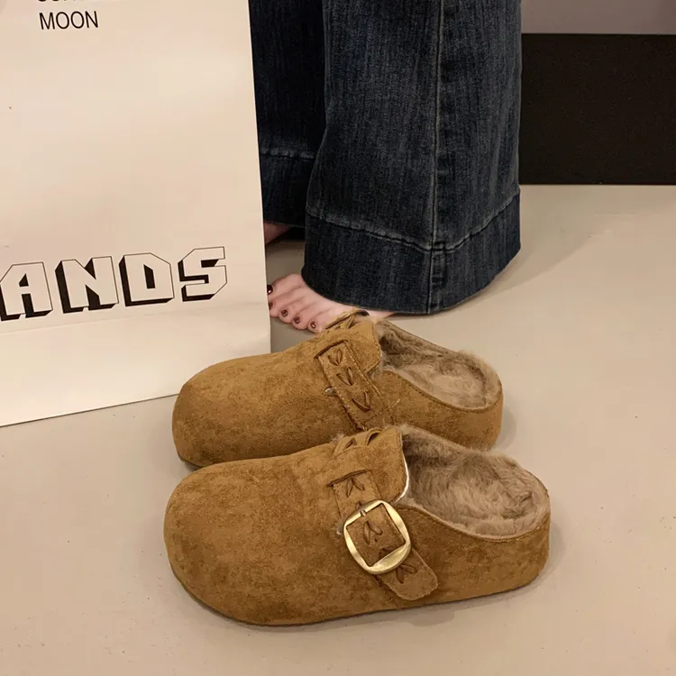 毛毛拖鞋外穿勃肯鞋厚底半拖女2025秋冬新款加绒博肯鞋一脚蹬包头