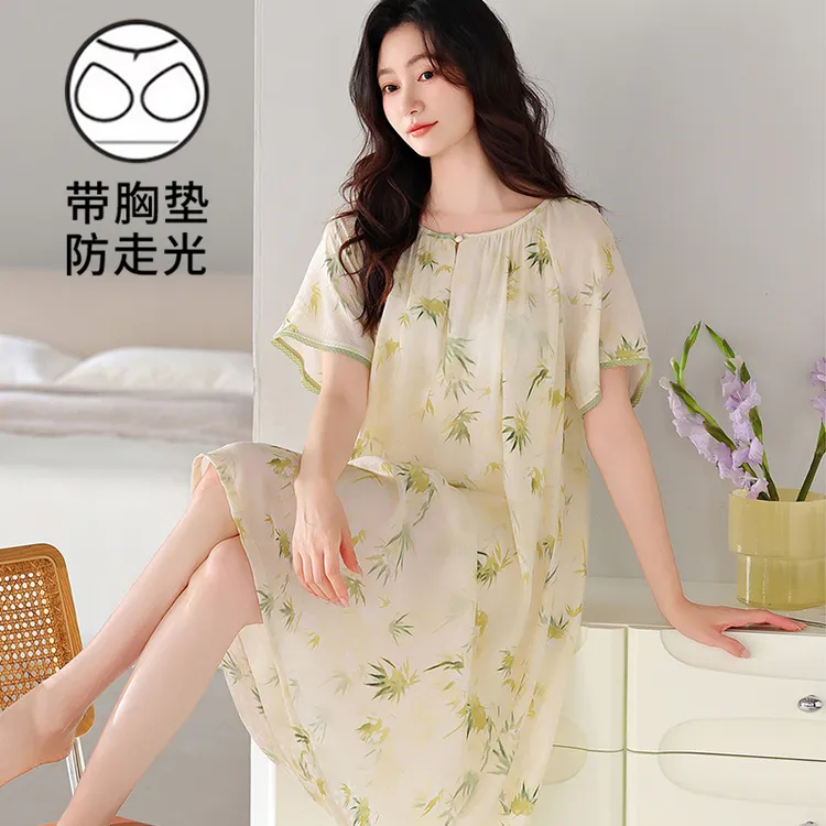 夏天薄款睡裙女士带胸垫可外穿云朵棉短袖甜美透气可爱简约家居服