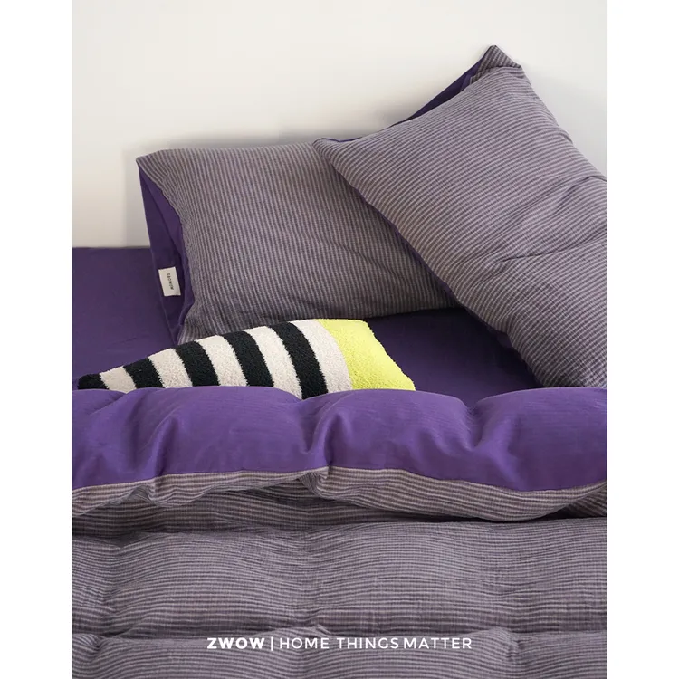 造卧zwow色织双层纱100全棉纯棉格子紫色亲肤柔软床单床笠四件套