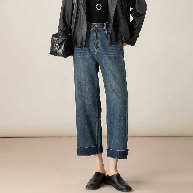 小个子窄版阔腿牛仔裤女秋季新款天丝垂感复古高腰九分直筒裤透气