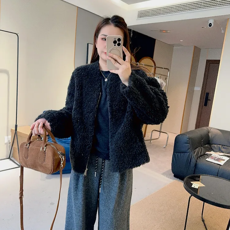 【欧加粒粒】冬季韩版圆领拉链休闲保暖100绵羊毛外套 K25111113