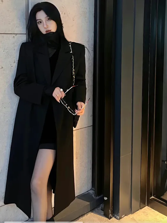 黑色中长款风衣外套气质设计显瘦高级感春秋百搭修身西装长款女装