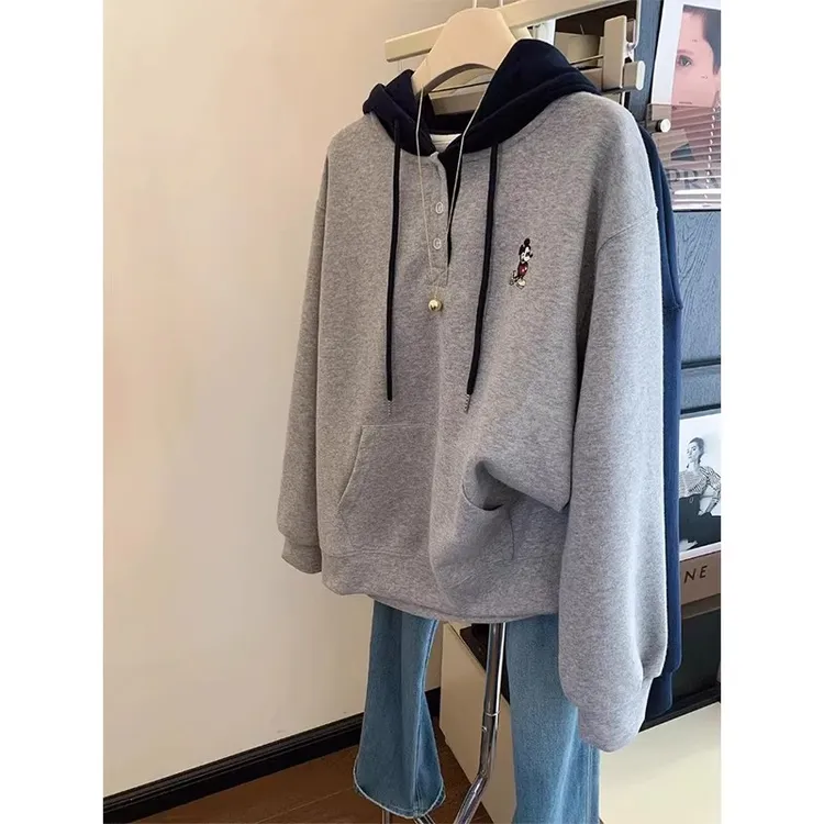 特大码300斤美式撞色连帽加绒卫衣女2026秋冬设计感宽松长袖帽衫