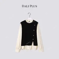 DALI PLUS“假两件木耳领”斜边金扣针织拼接长袖衬衫-D5ST1364