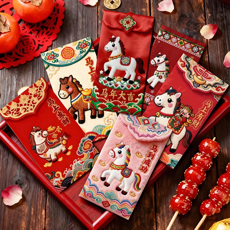 【到手30个】2026马年立体刺绣风格红包卡通中式大号利是封对联