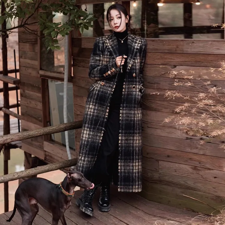 迪丽热巴同款格纹毛呢外套过膝长款呢子大衣款冬季气质过膝呢大衣