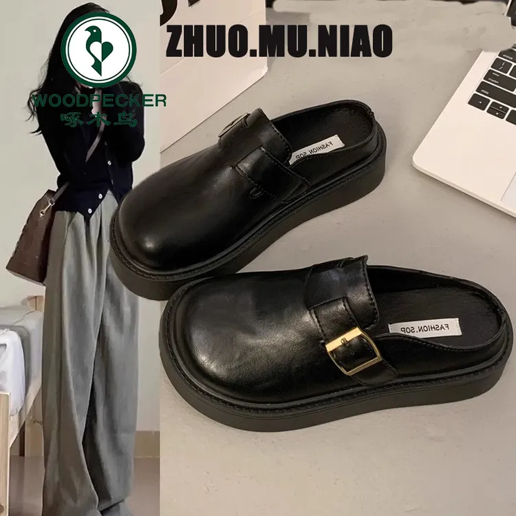 啄木鸟厚底勃肯包头半拖鞋女外穿懒人一脚蹬皮面春夏2025新款凉拖