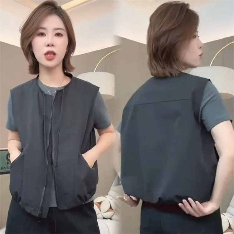 欧货纯色圆领无袖马甲外套女2025早秋宽松百搭领口抽绳设计上衣潮