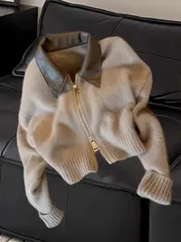 秋季2025高级感皮POLO领拼接针织开衫双头拉链慵懒风针织毛衣外套