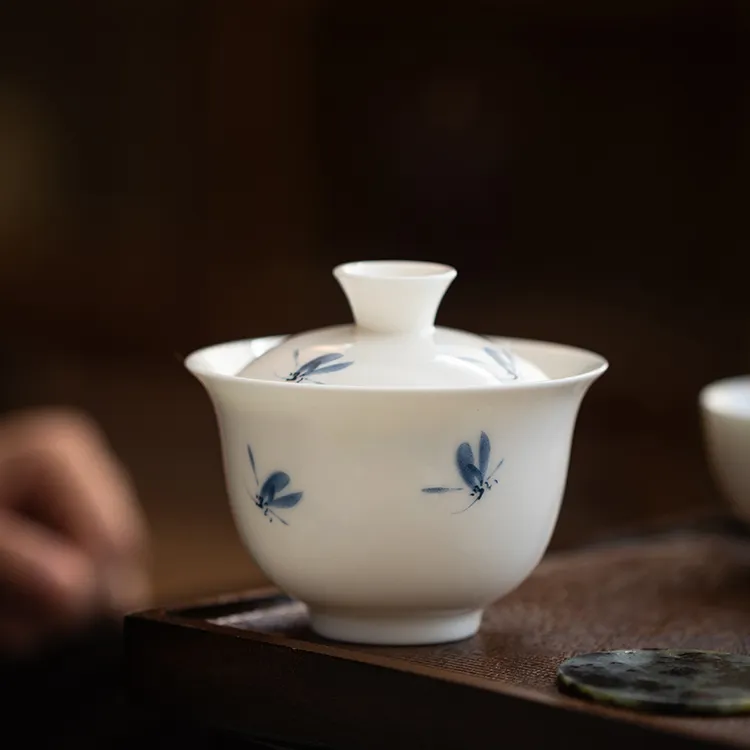 玉泥白瓷秋水兰花盖碗釉上彩陶瓷骨瓷单个泡茶碗家用功夫茶具