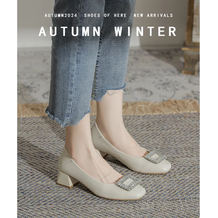 真皮粗跟单鞋女2025新款百搭气质中跟浅口妈妈鞋法式职业高跟鞋子