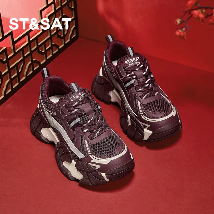 星期六中国风红色老爹鞋女款2026新款春季复古运动鞋小个子休闲鞋