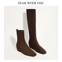 【STAR】秋冬新款通勤百搭绒面麂皮绒包腿显瘦内增高弹力靴4.5cm