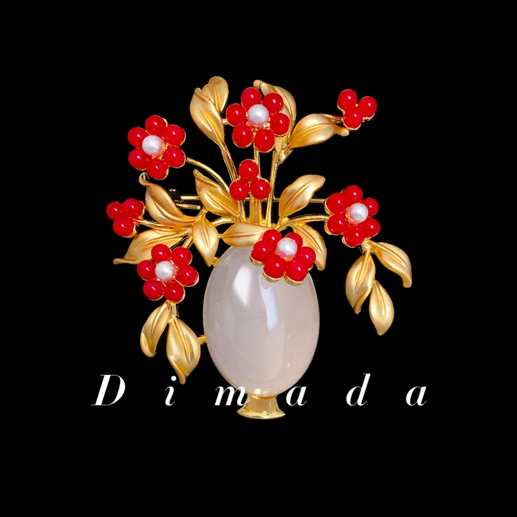 铜合金仿珍珠胸针 d1269国风花瓶胸针女胸花气质高档金色西装别针