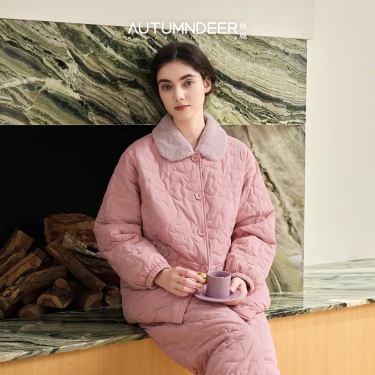 秋鹿冬季暖羽绸夹棉睡衣女士加厚三夹层棉袄秋冬款家居服保暖套装